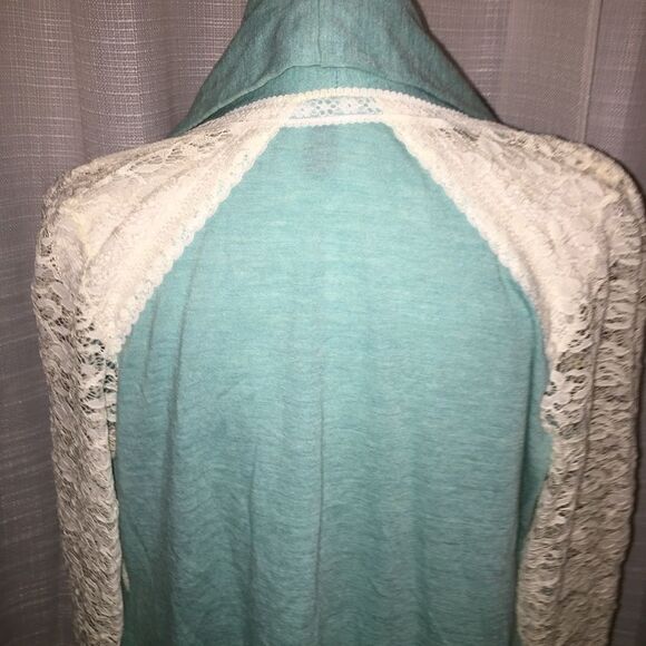 Cream Lace & Mint Green Jacket Medium Open Front Cardigan Jacket Spring - Picture 3 of 9